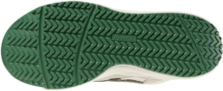 靴の底面の画像です。緑色のラバーソールで、Hyper Vのロゴが見えます。