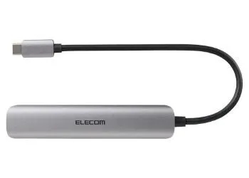 ELECOM製のUSB-Cハブ。シルバーの筐体にUSB-Cケーブルが接続されている。