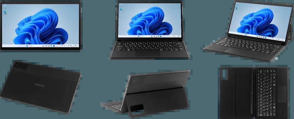 aiwaのタブレットPCの画像。様々な角度から撮影されており、タブレット本体とキーボードカバーが写っている。