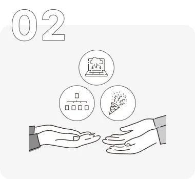 2つの手のイラストと、その上に3つのアイコン(クラウド、表、クラッカー)が配置されたイラスト。