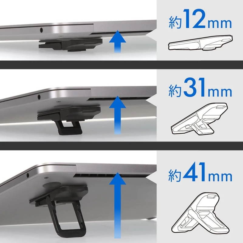 ノートパソコンを持ち上げるためのスタンドの高さを調節できることを示す画像です。高さは12mm、31mm、41mmの3段階に調整できます。