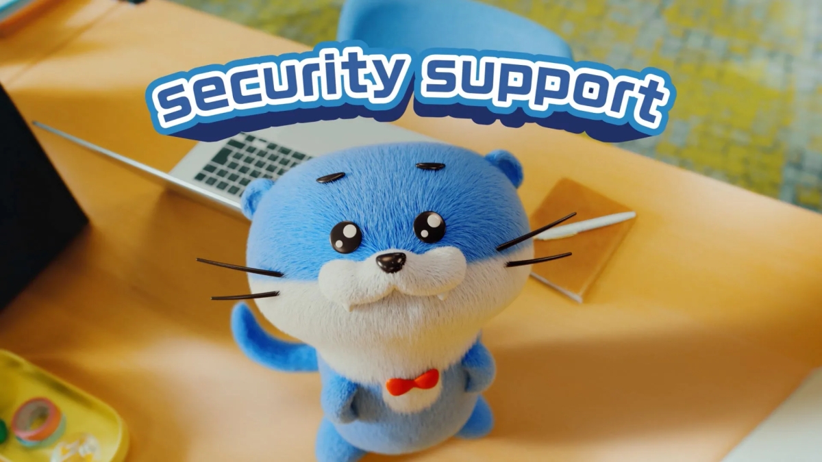 青いキャラクターが「security support」の看板を持っている画像
